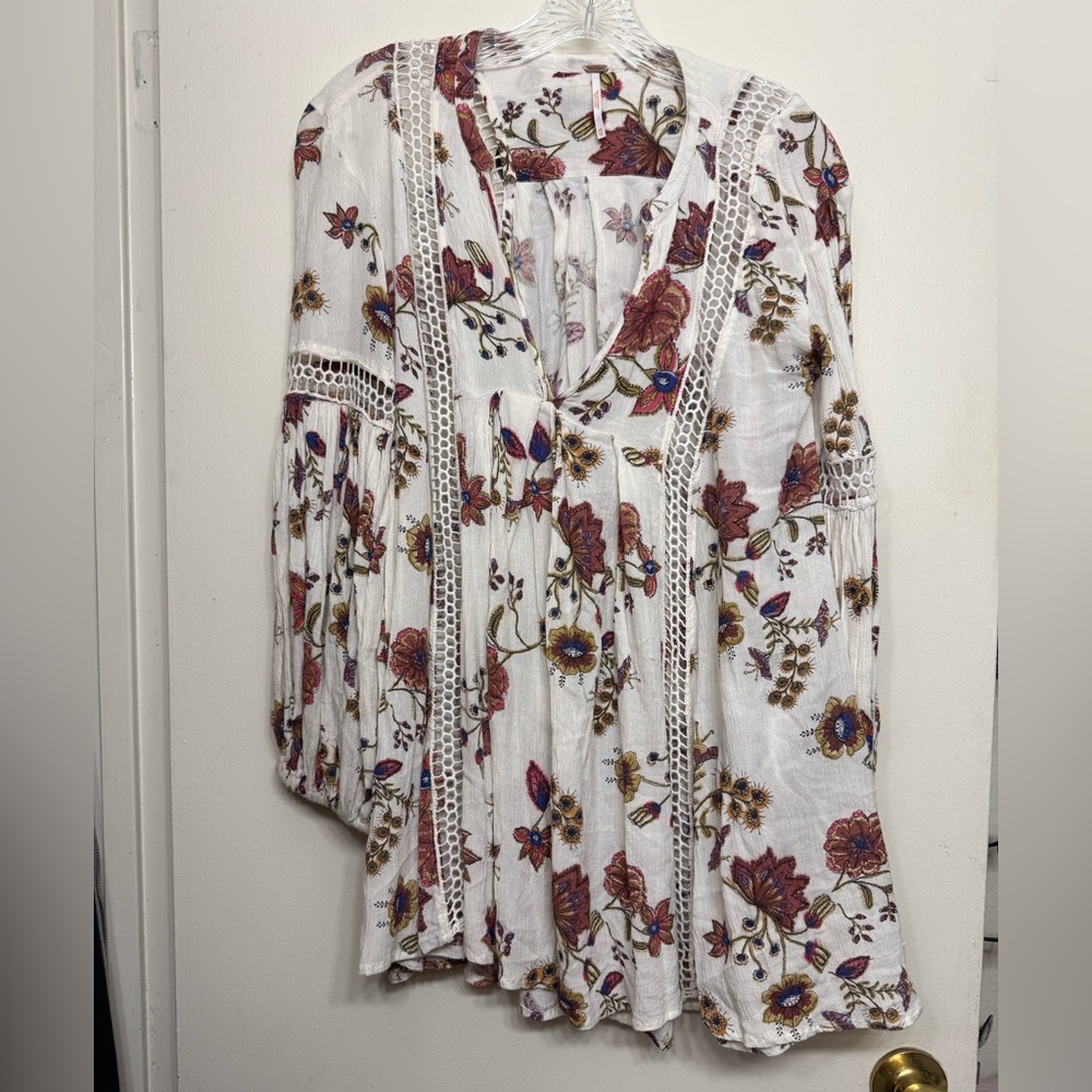Free People Floral Crochet Inset Boho Tunic Dress – White Multi – Long Sleeve